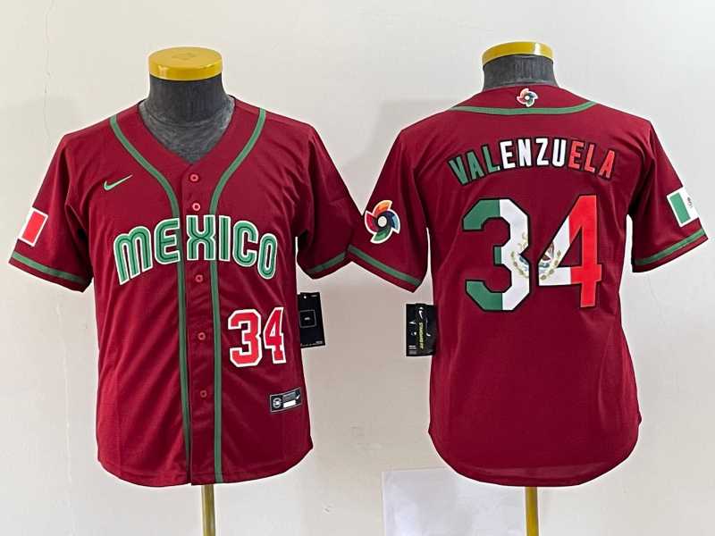 Youth Mexico Baseball #34 Fernando Valenzuela 2023 Red World Classic Stitched Jersey 4